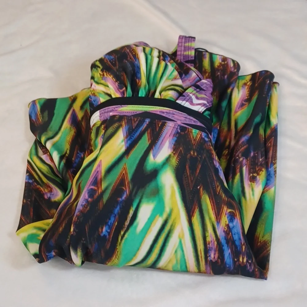septangle purple green abstract swim dress tankini flattering vacation ready 14